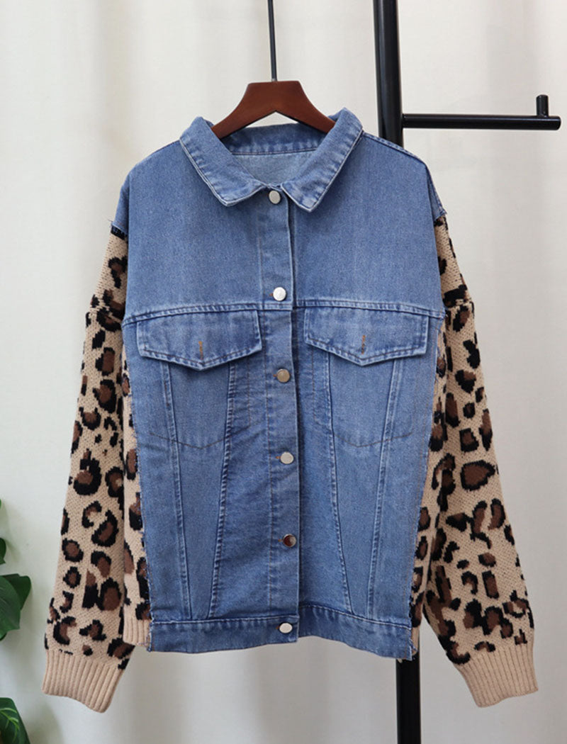 Denim Jacket with Knit Patterned Sleeves