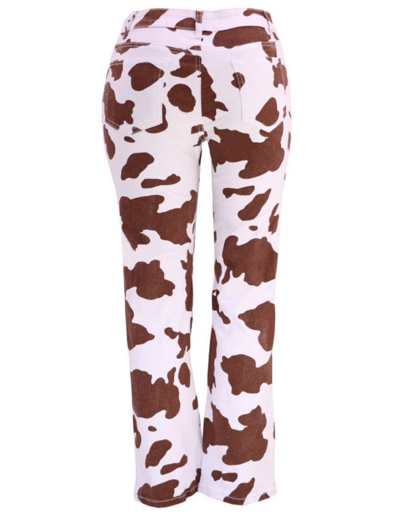 High-Waist Flared Cow Print Pants