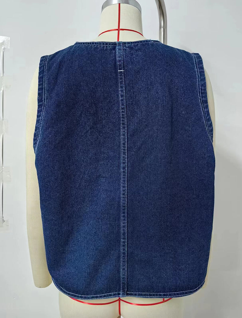 Button-Up Denim Vest with Pocket Detail