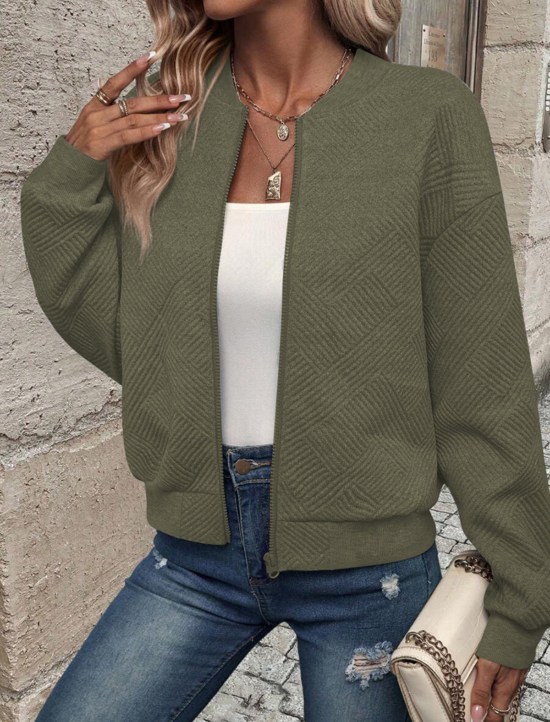 Textured Bomber Jacket with Zipper Closure