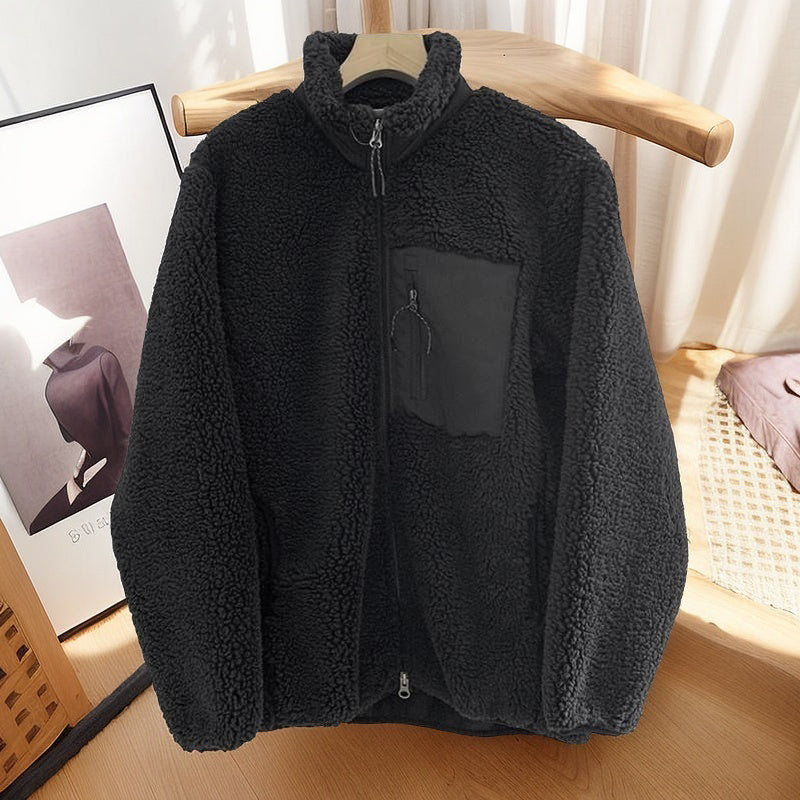 Zipper Windproof Pocket Stand Collar Fleece Coat
