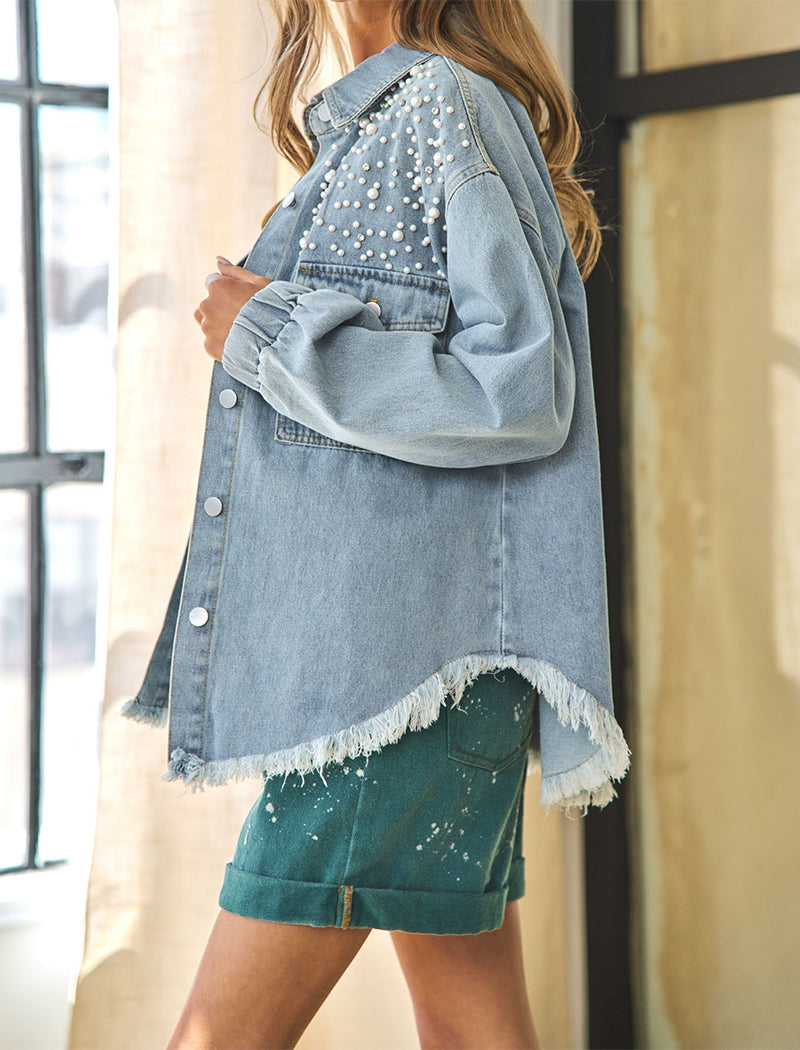 Faux Pearl Embellished Oversized Denim Jacket