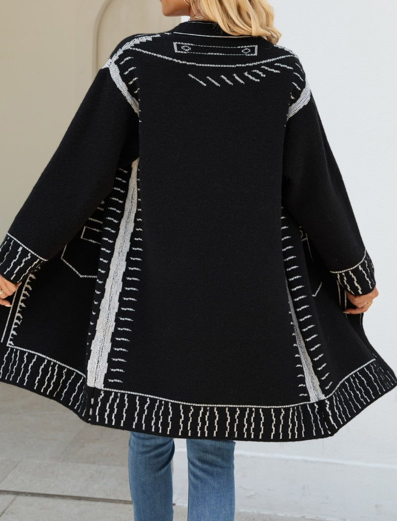 Illustrated Pattern Open-Front Long Cardigan