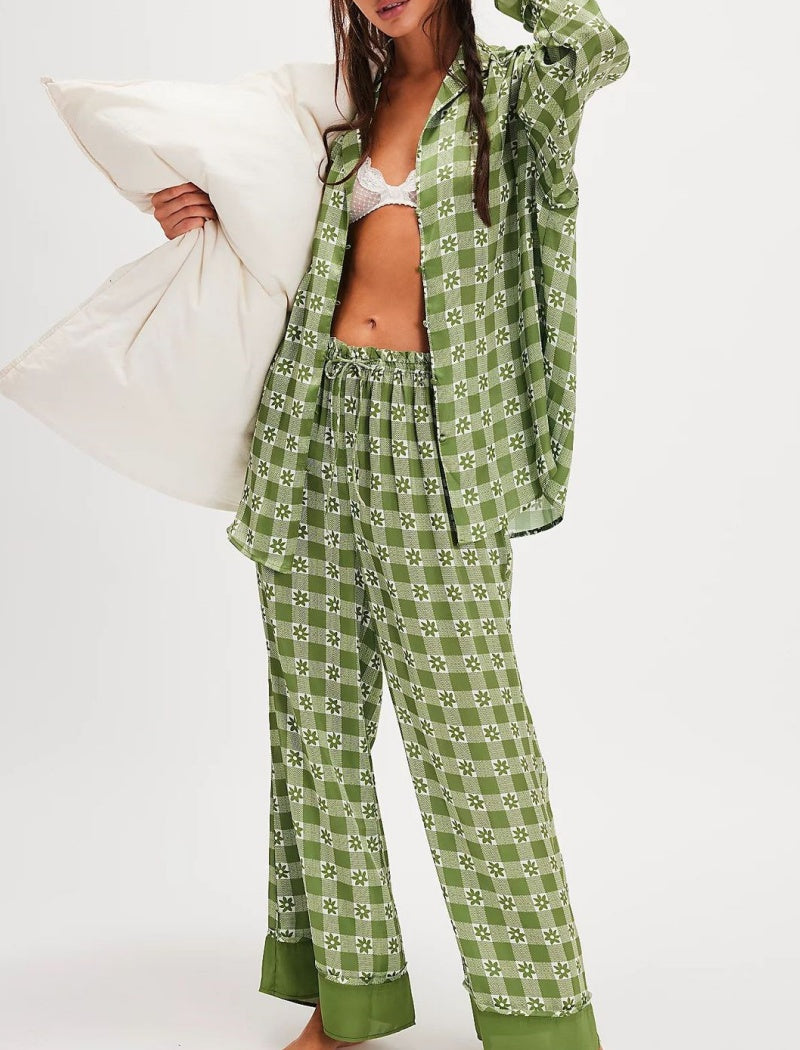 Floral Print Satin Long-Sleeves and Pants Pajama Set