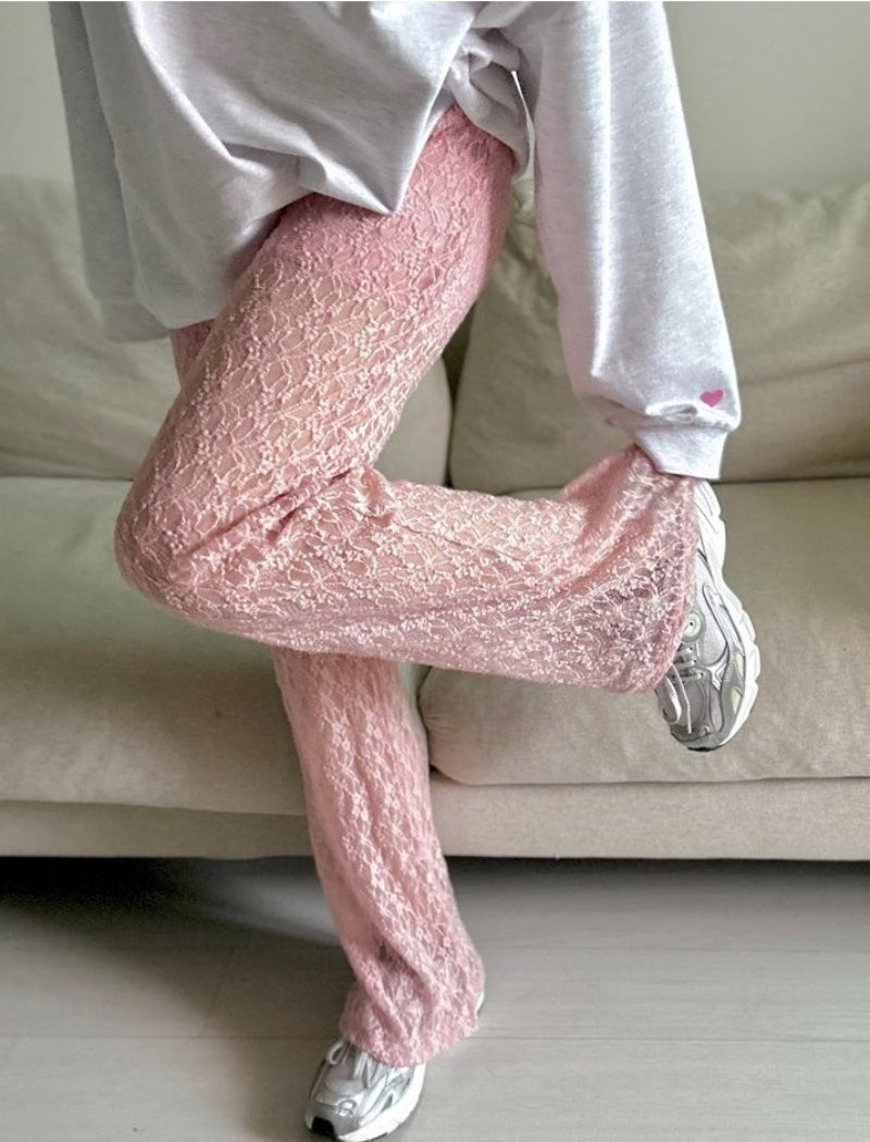 Sheer Lace Wide-Leg Pants