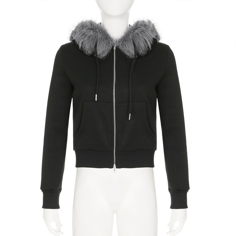 Hooded Fuzzy Patchwork Jacket