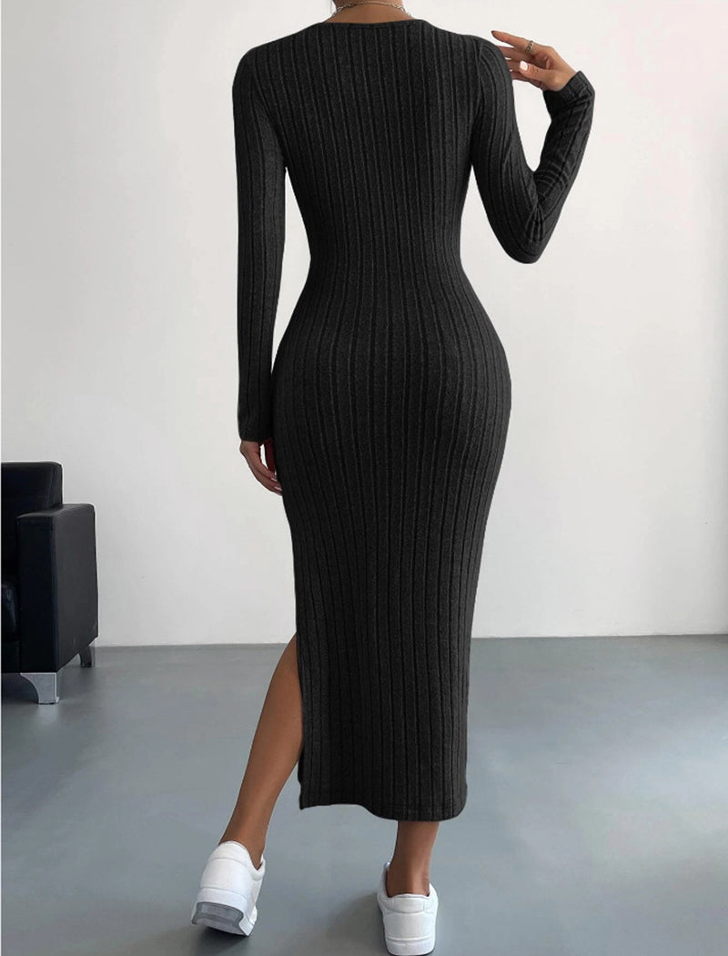Ribbed Long-Sleeve Slit Maxi Dress