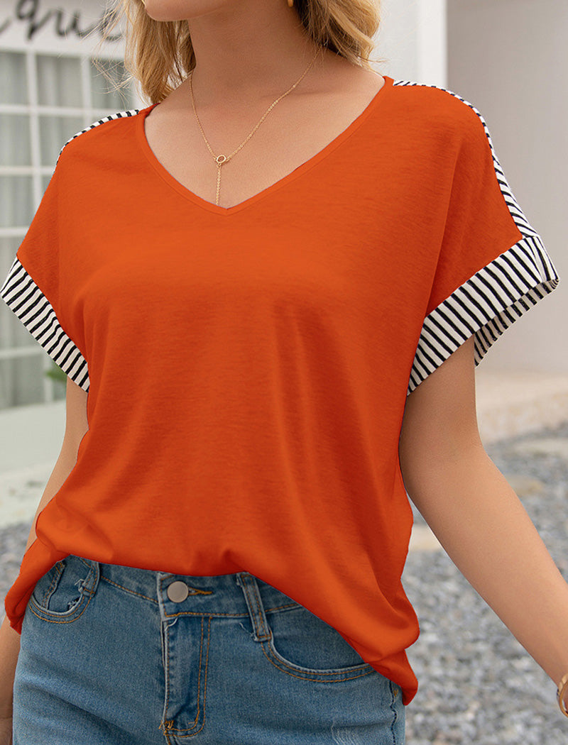 Striped Trim V-Neck Loose Fit Top