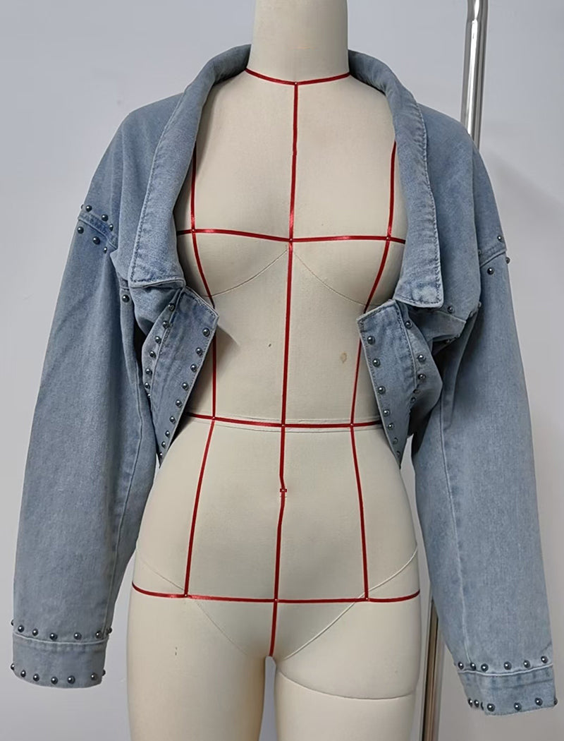 Washed Long Sleeve Studded Denim Jacket