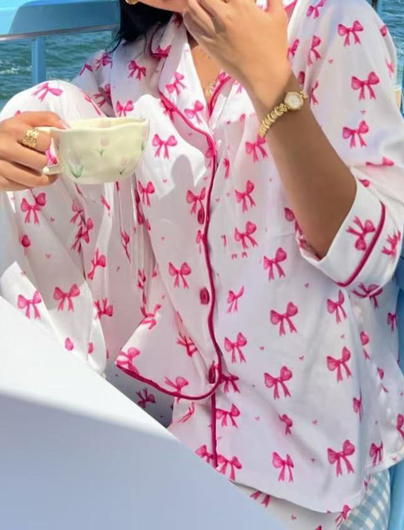 Bow Print Button-Up Pajama Set