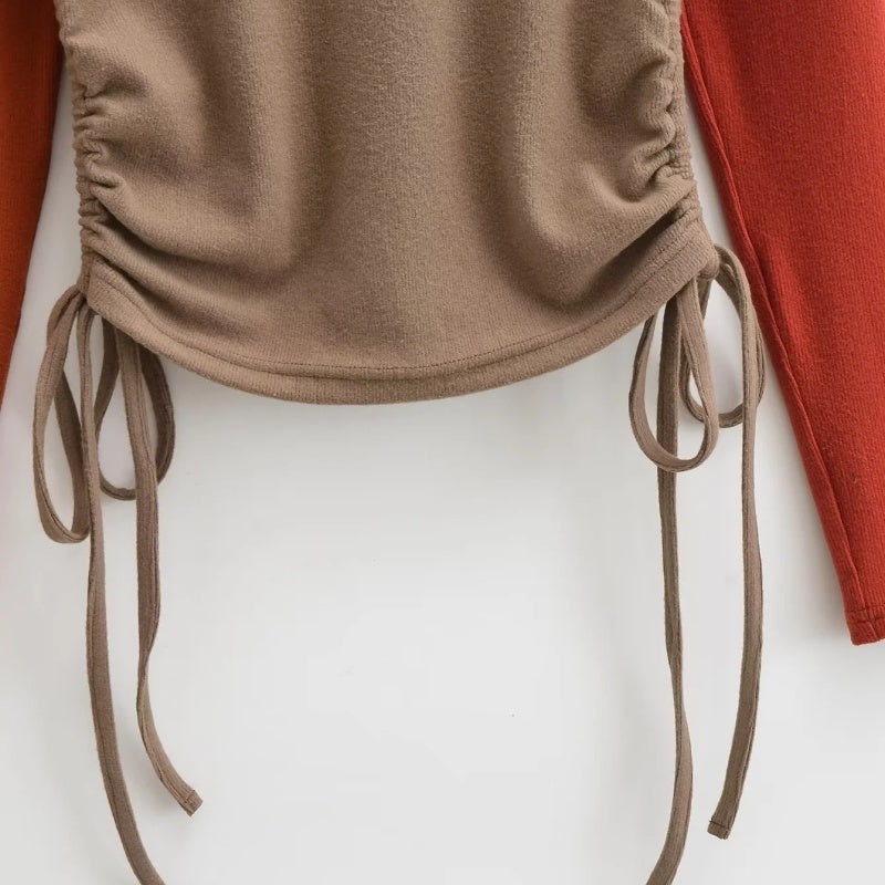 Colorblock Drawstring Long Sleeve Top