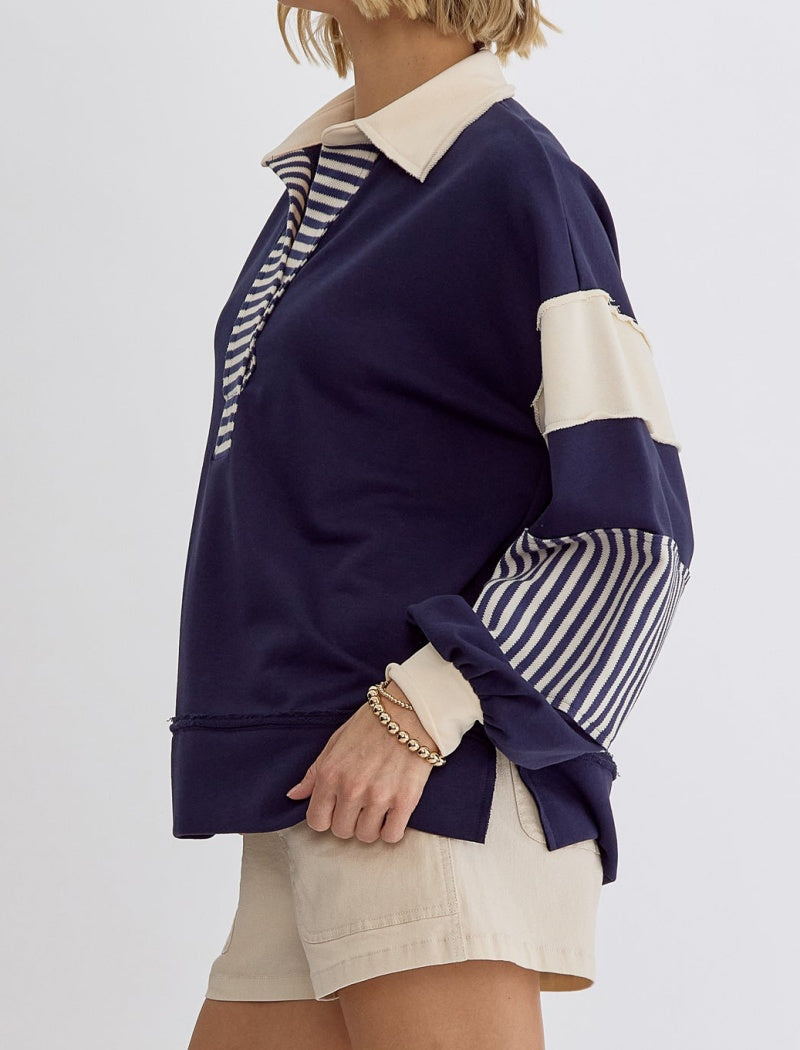 Striped Patchwork Pullover with V-Neck