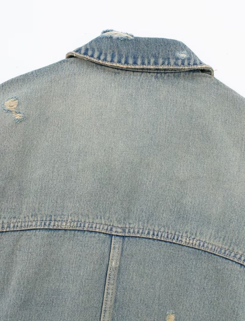Cropped Distressed Denim Jacket