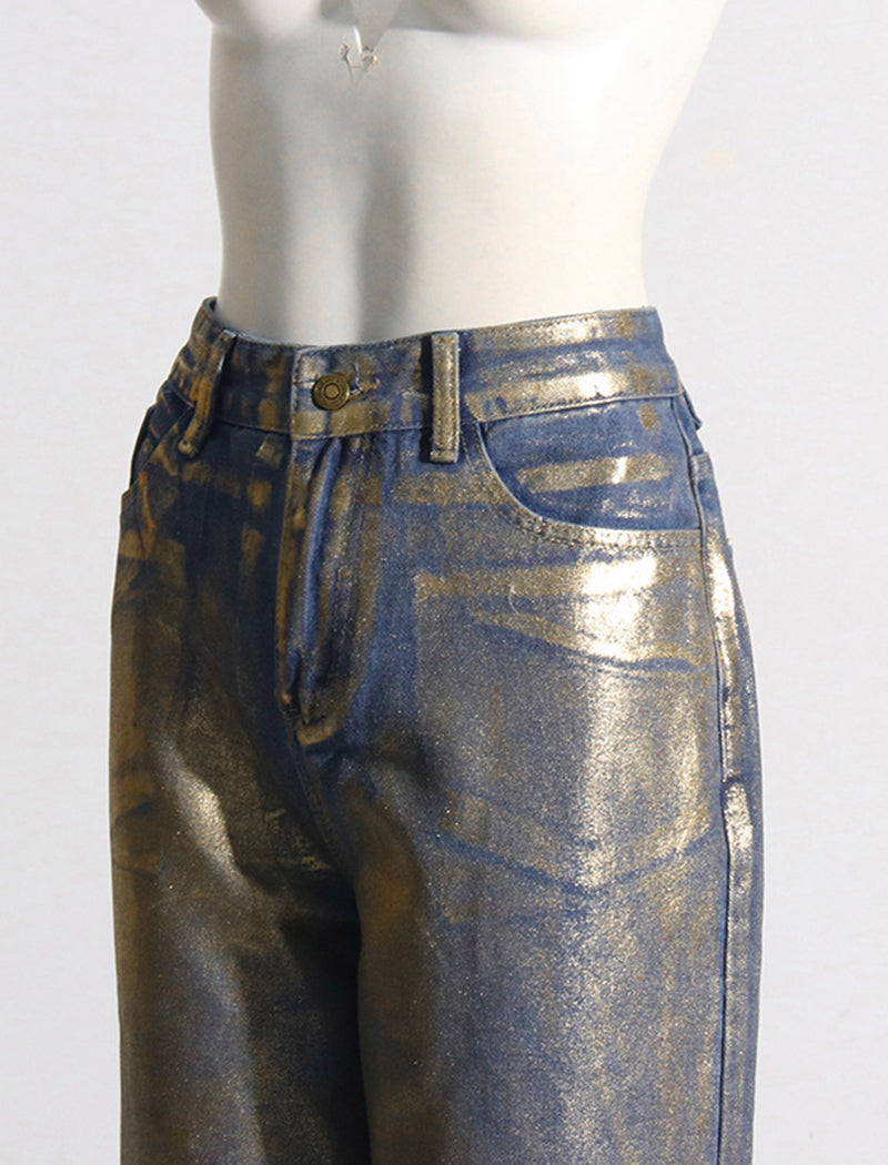 Metallic Wide-Leg High-Waist Pants