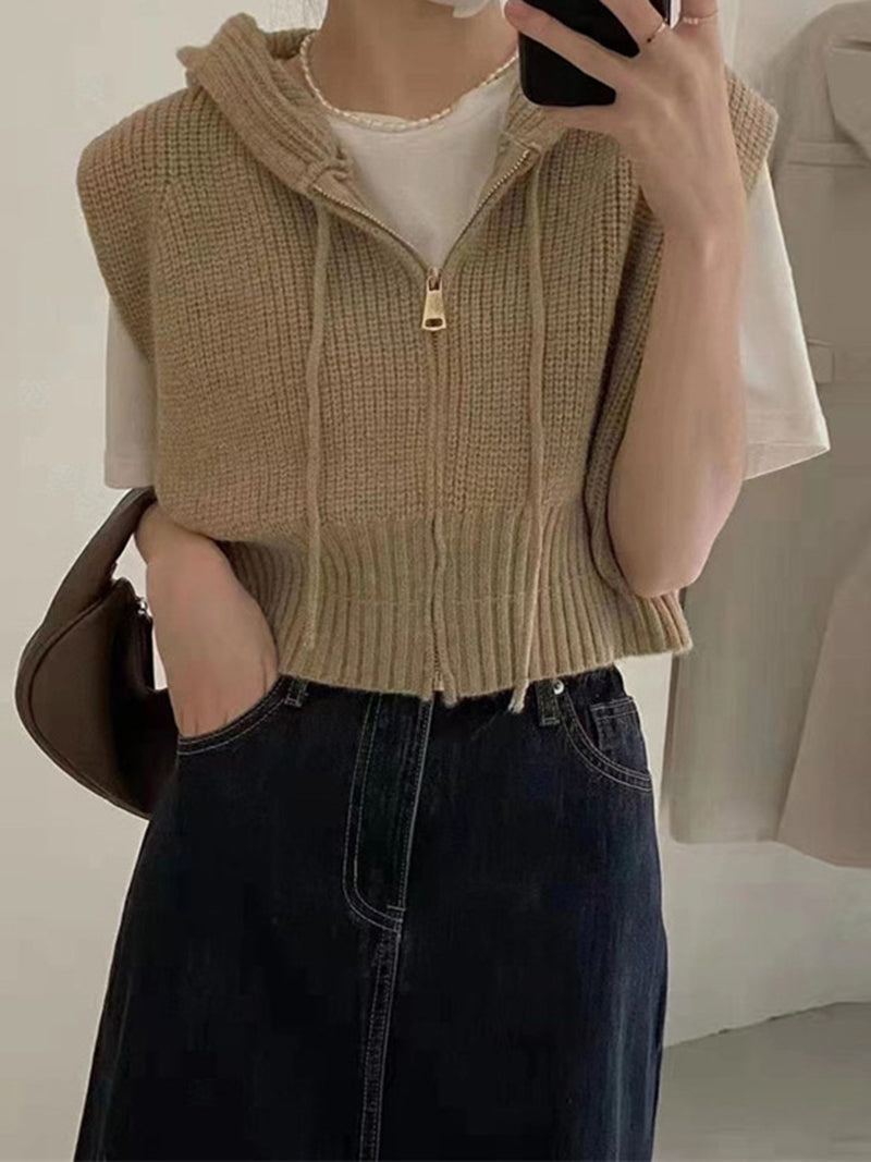 Hooded Zip-Up Knit Vest
