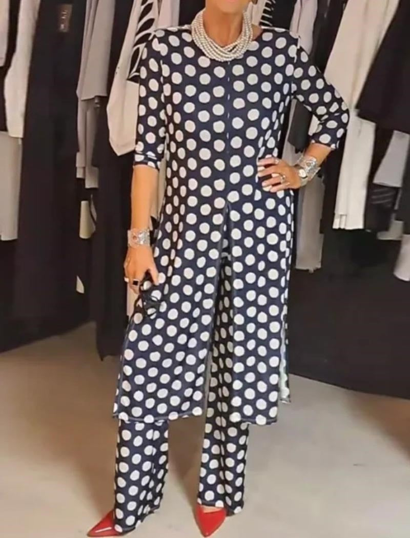 Crewneck Long Sleeve Split Polka Dot Pants Set