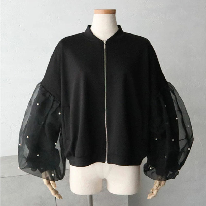 Patchwork Puff-Sleeve Bomber Jacket