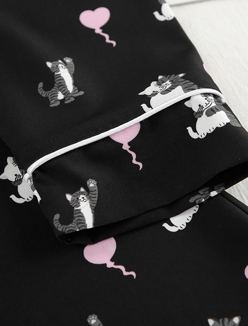 Satin Pajama Set with Cat Print