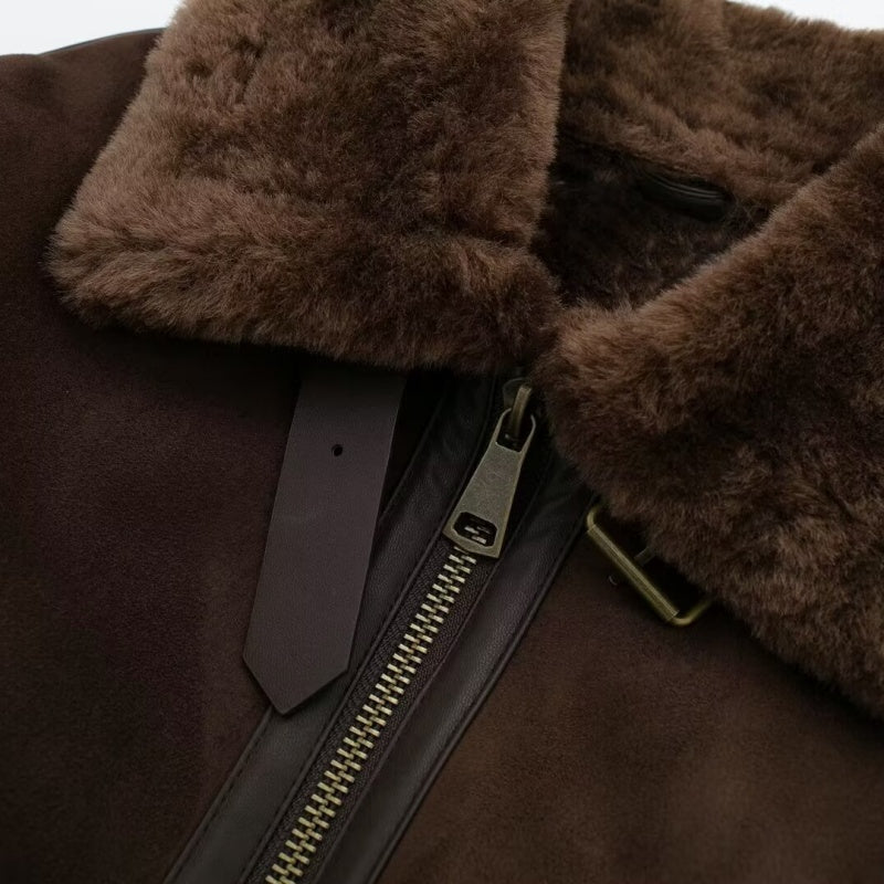 Cropped Shearling Collar Bomber Jacket