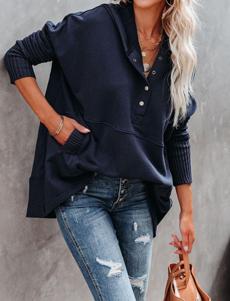 Oversized Hooded Top with Button Details