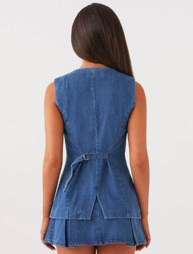 Denim Button-Up Vest and Skirt Set