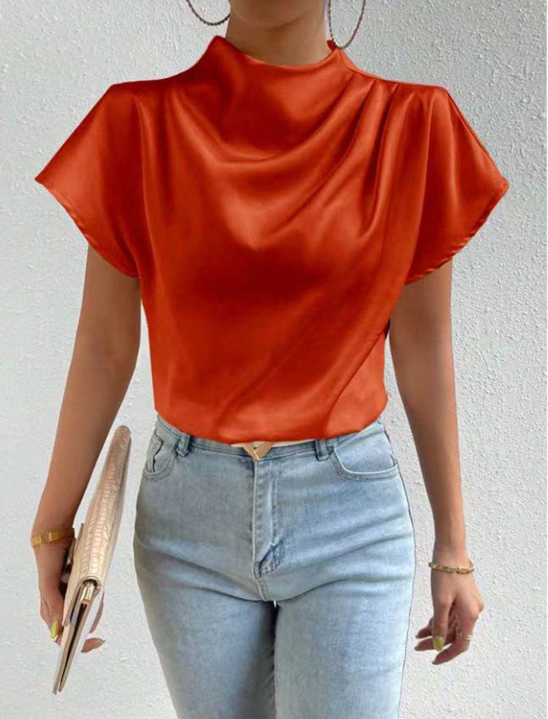 Satin Cowl Neck Short-Sleeve Blouse