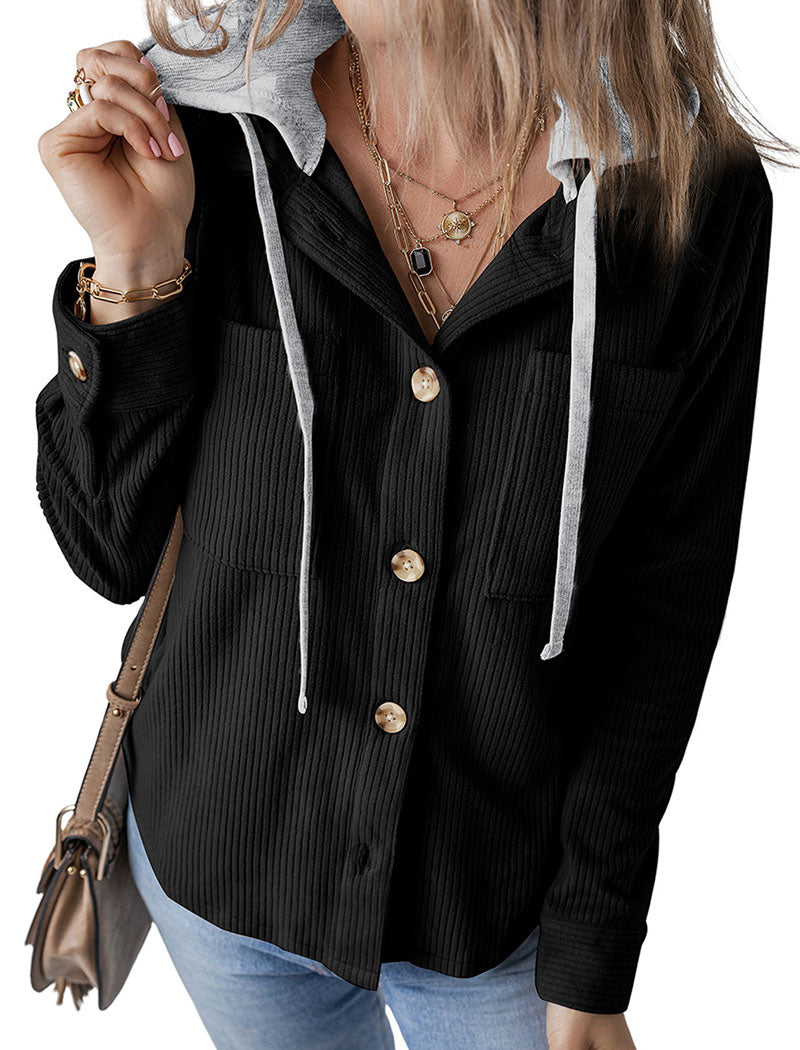 Button-Up Hooded Casual Long Sleeve Top