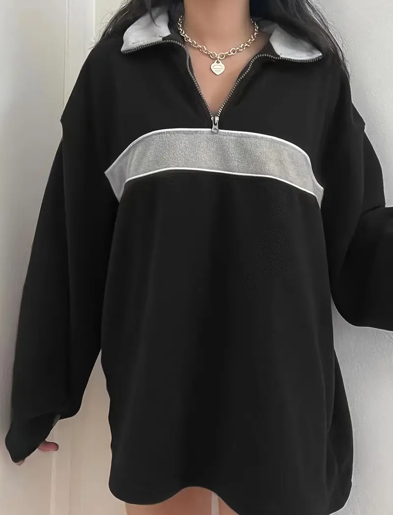 Contrast Stripe Half-Zip Oversized Top