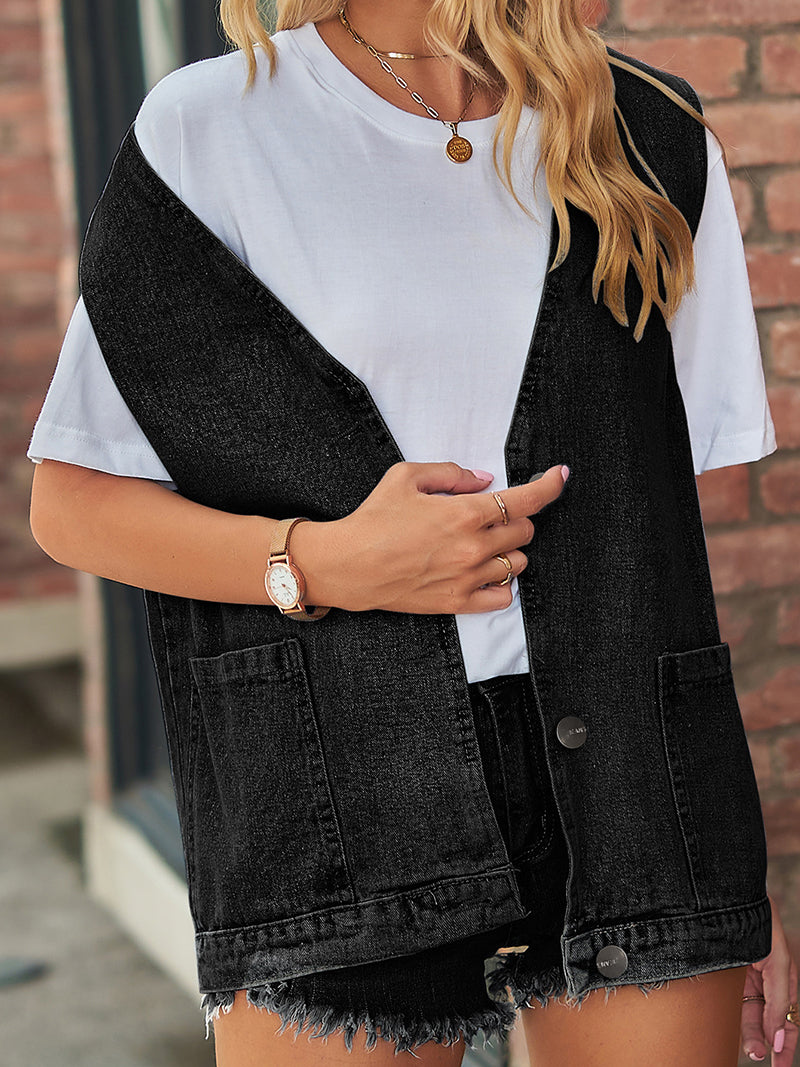 V-Neck Buttoned Pockets Denim Vest