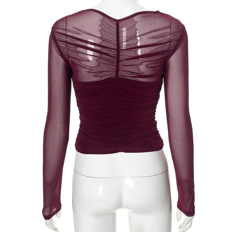 Draped Mesh Long Sleeve Top