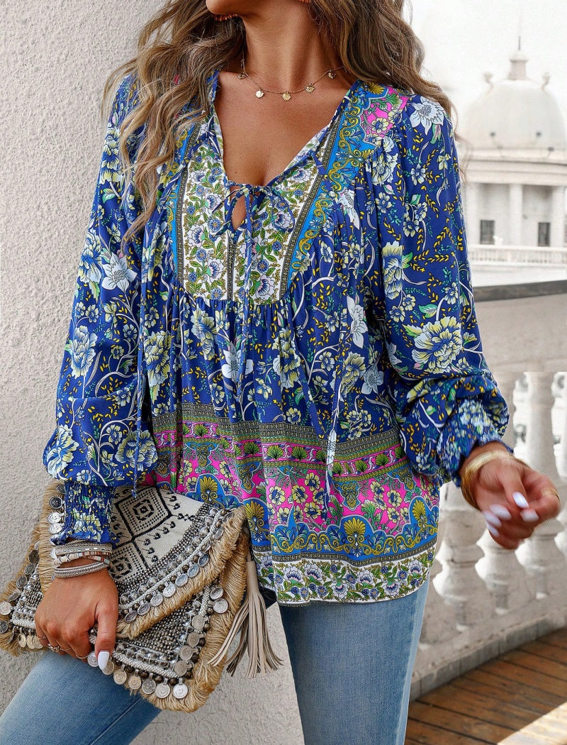 Printed Button-Down V-neck Long Sleeve Top