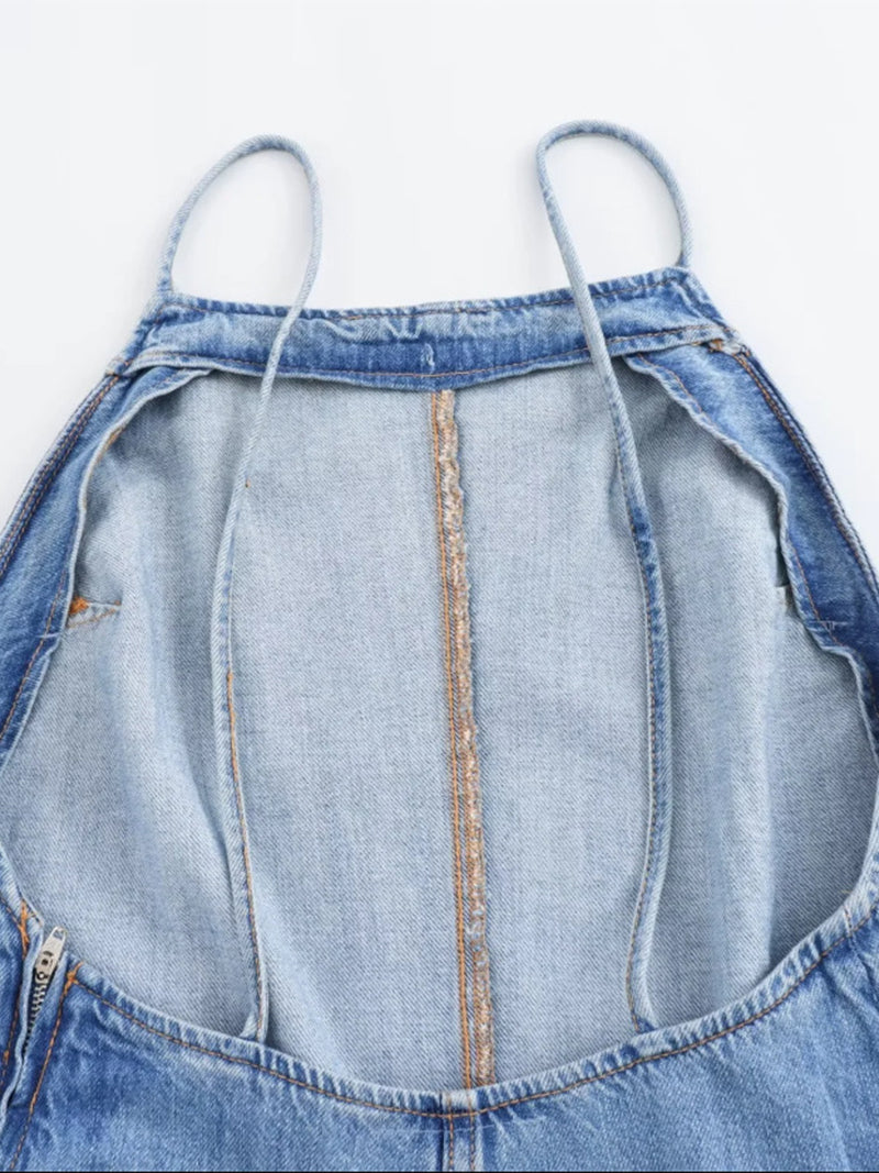 Denim Open-Back Strappy Romper