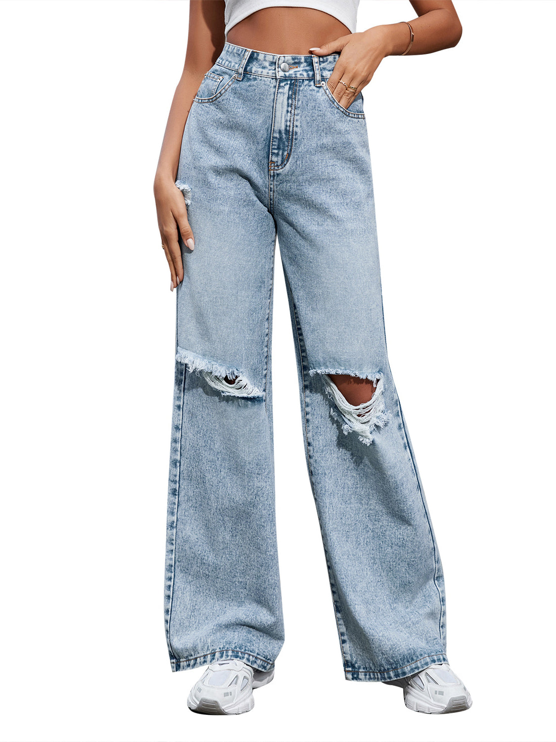 Distressed High Waist Wide Leg Jeans
