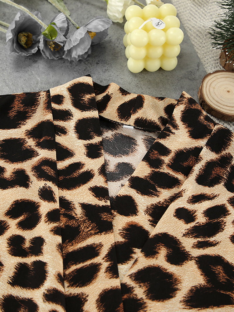 Leopard Print Bralette and Shorts and Kimono Set