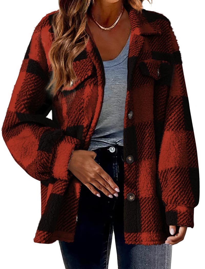 Plaid Sherpa Jacket with Button Closure