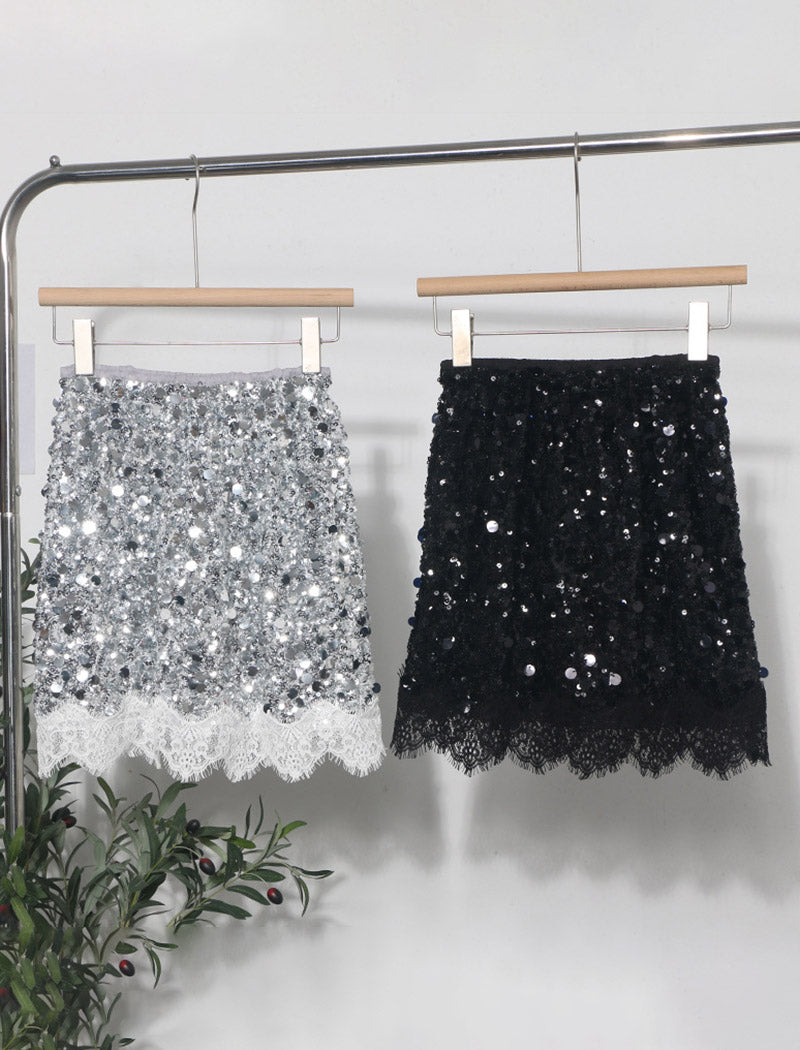 Glitter Sequin Lace Hem Mini Skirt