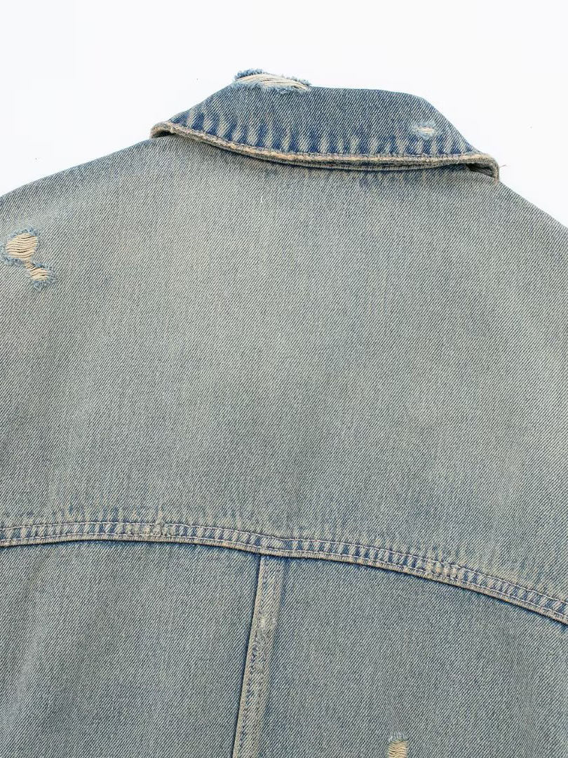 Distressed Zip-Up Crop Denim Jacket