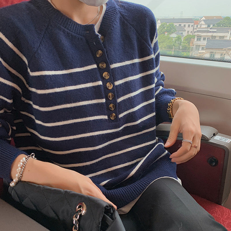 Knit Striped Half-Button V Neck Sweater