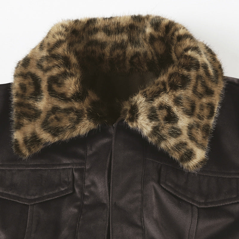 Leopard Fur Panel Collared Two-Tone Jacket