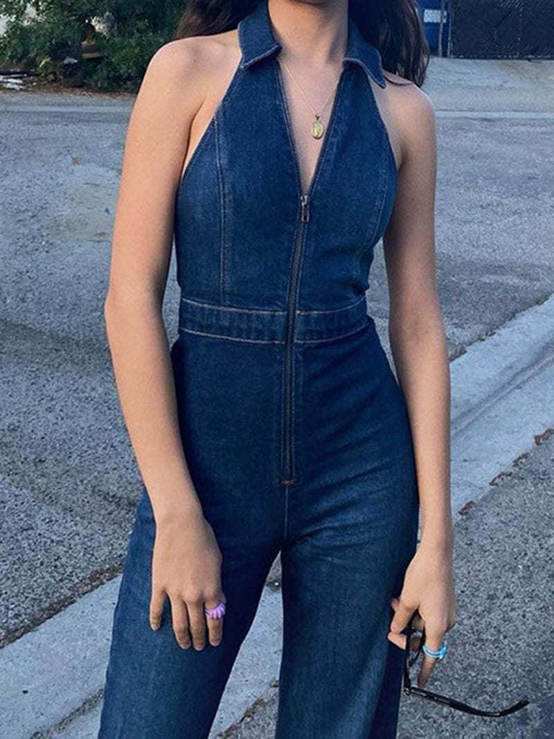 V-Neck Denim Jumpsuit