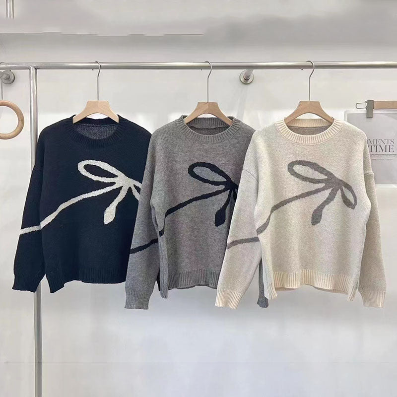 Bow Knit Crewneck Pullover Sweater