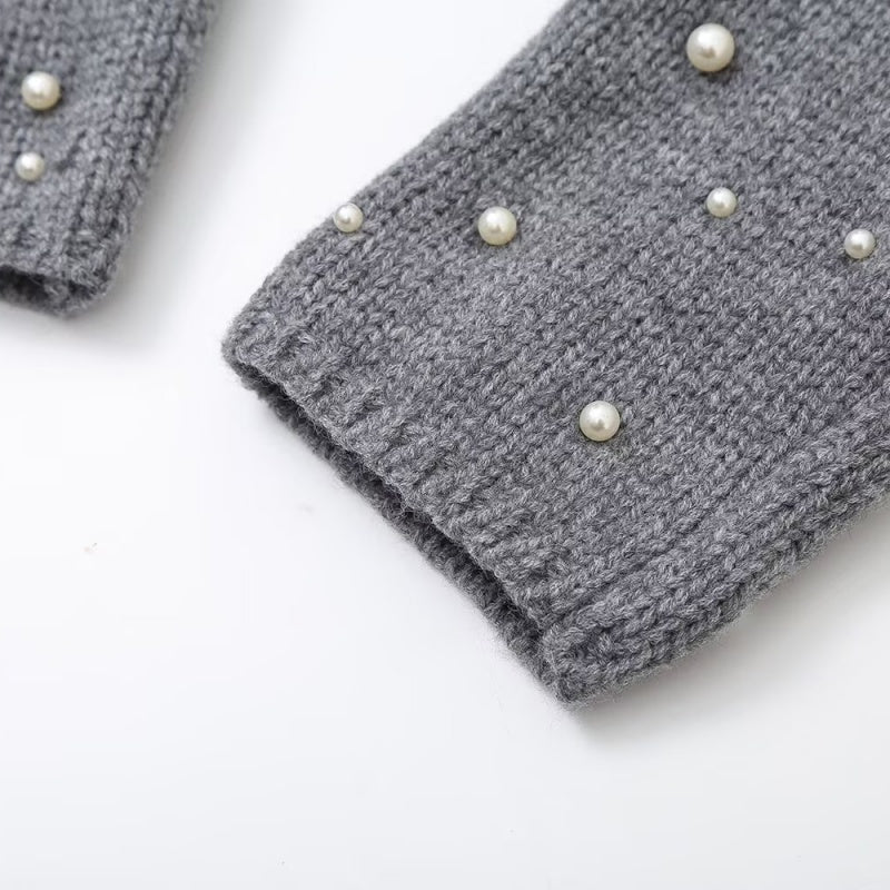 Pearl Detail Collared Long Sleeve Knit Coat