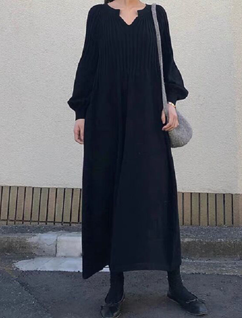 Ribbed V-Neck Long-Sleeve Dress