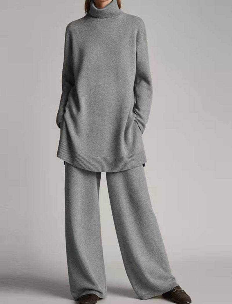 Knitted Solid Color High-Neck Relaxed Two-Piece Set