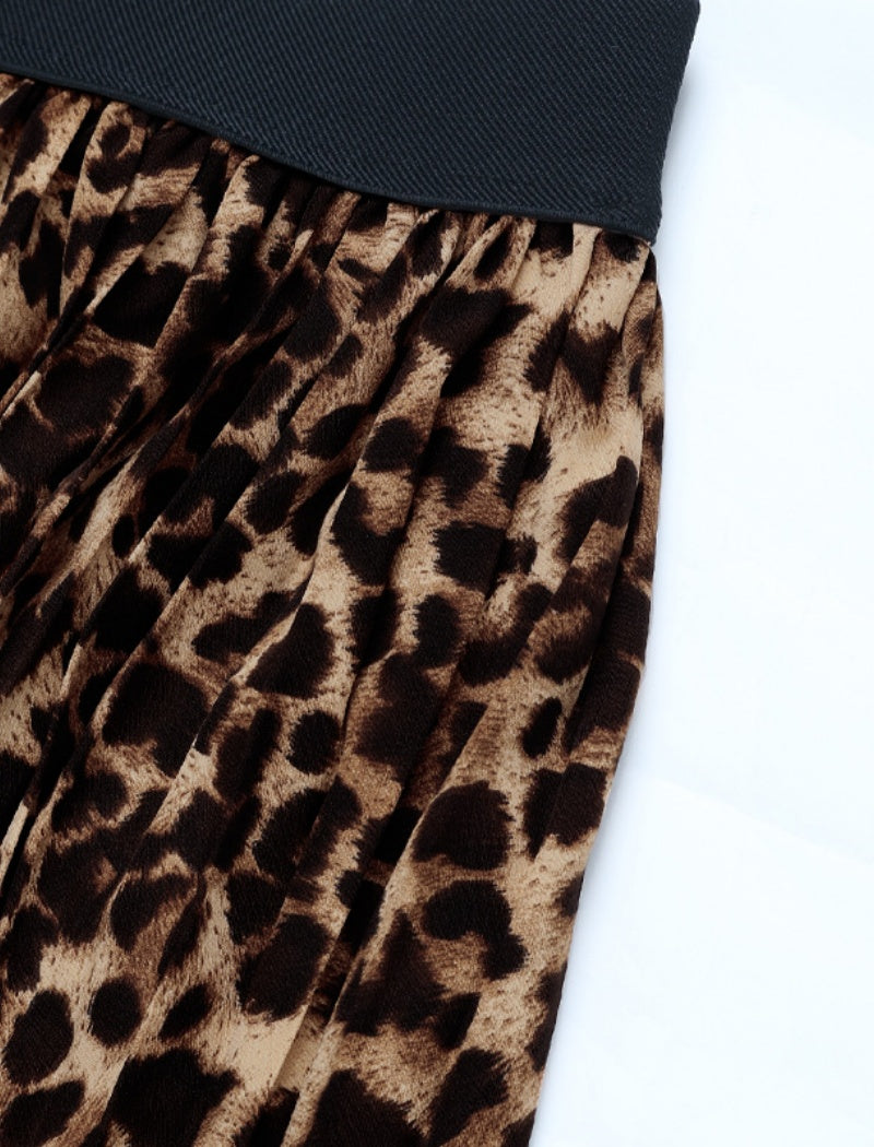 Leopard Print Pleated Midi Skirt