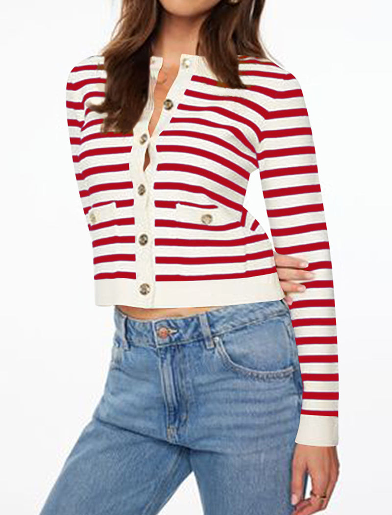 Striped Button-Up Cropped Cardigan