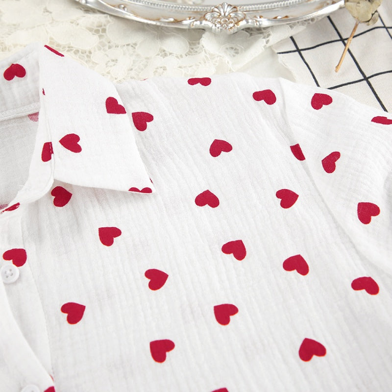 Heart Print Pajama Set with Feather Trim