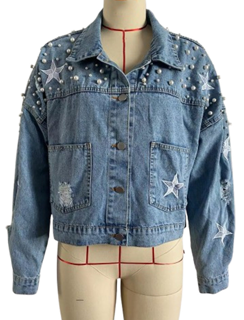 Faux Pearl Studded Denim Crop Jacket