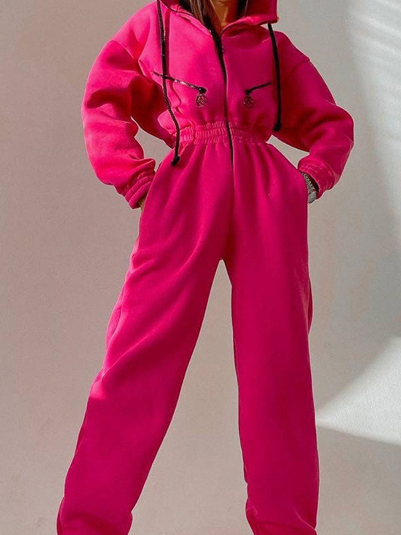 Drawstring Hooded Zip-Up Jumpsuit