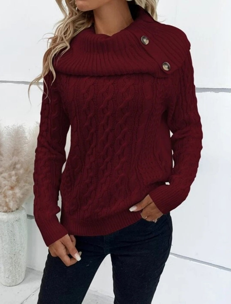 Buttoned Cable Knit Turtleneck Sweater